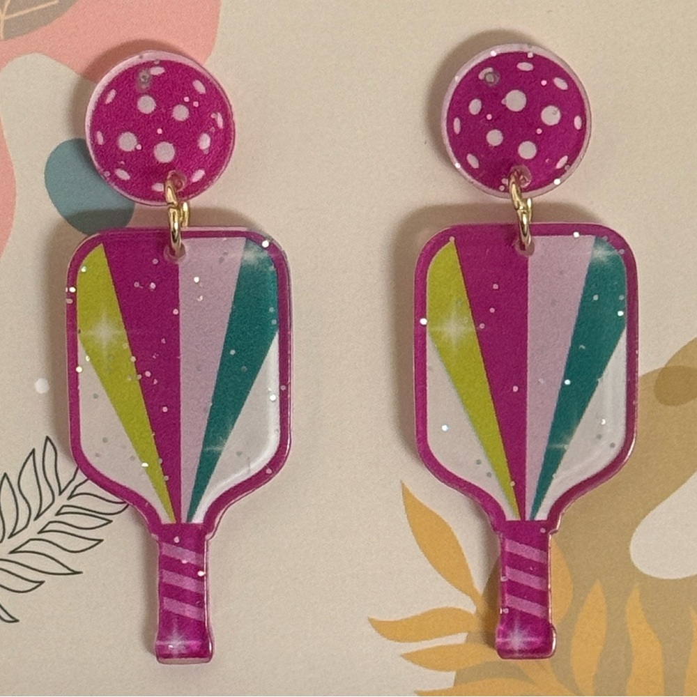 Adorable Pickleball Pink and Green Geometric Earrings